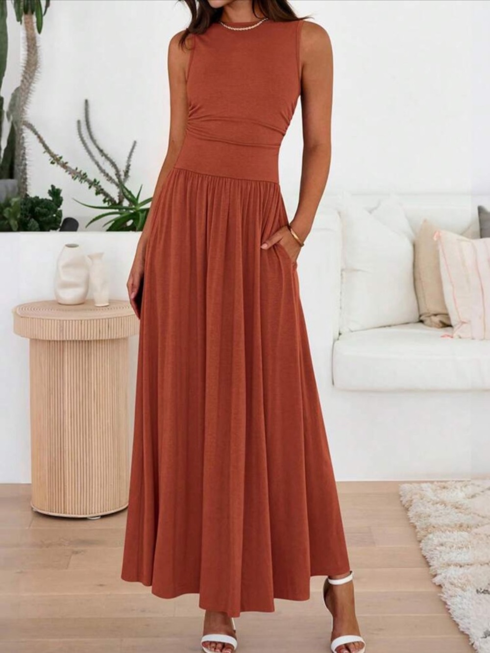 Rust Orange Women's Maxi Dress with Pockets- Sleek Everyday Style